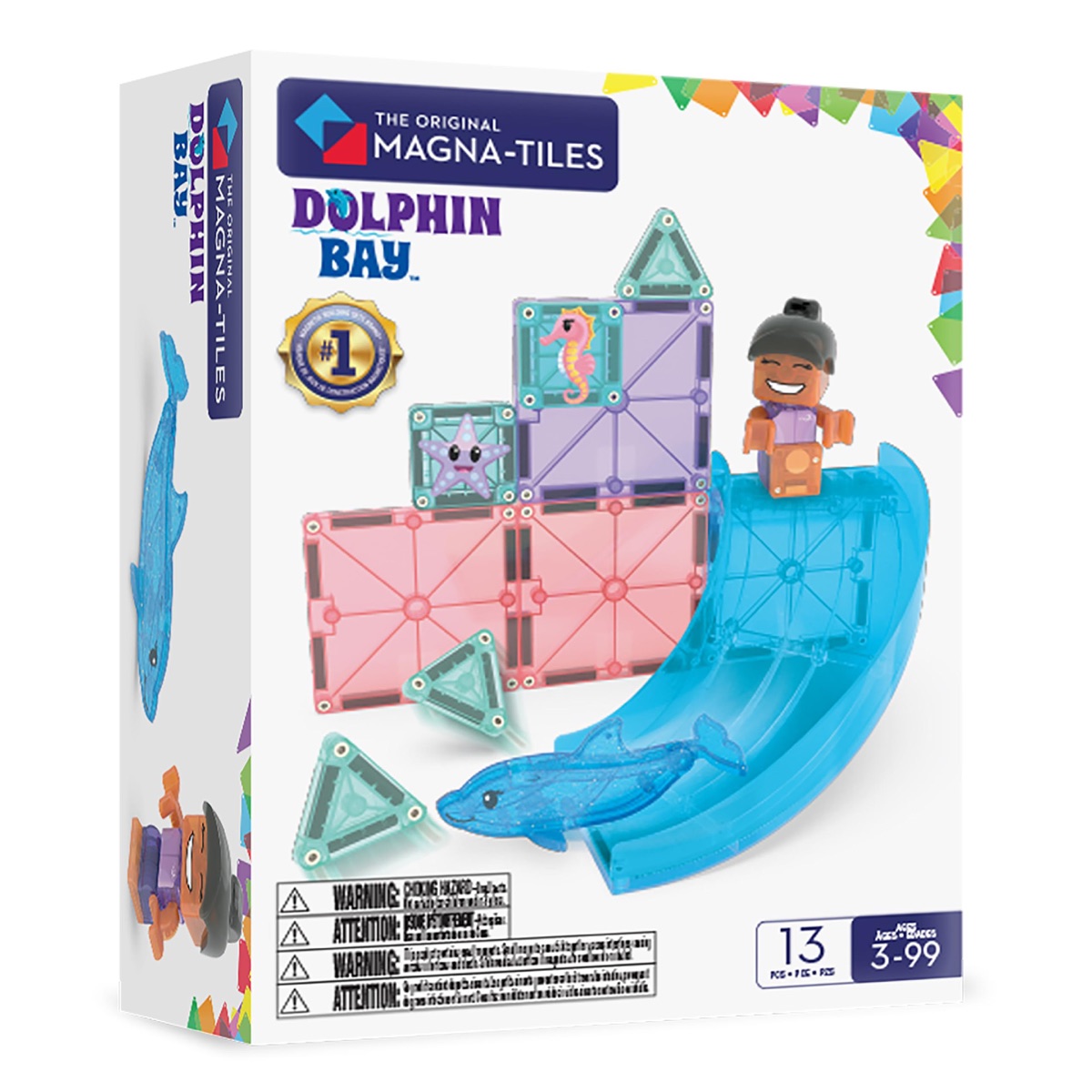 The Magna-Tiles Dolphin Bay set with ocean-print tiles, a curved blue slide, a dolphin and a surfing figure