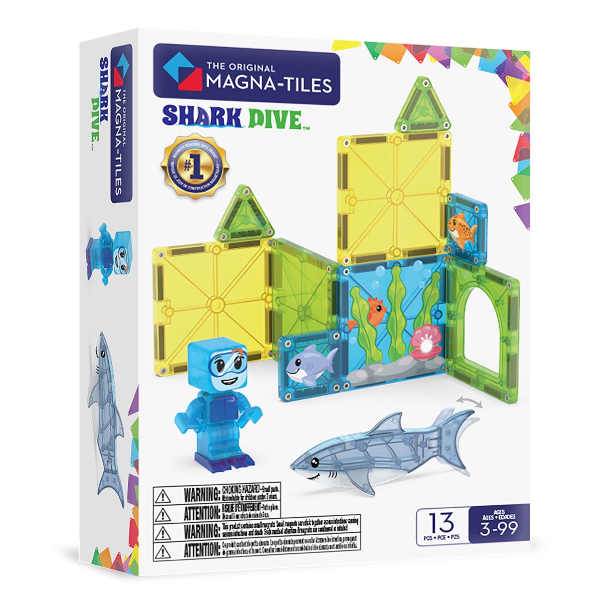 The Magna-Tiles Shark Dive set with yellow, green and blue ocean-print tiles, a diver figure and a shark figure